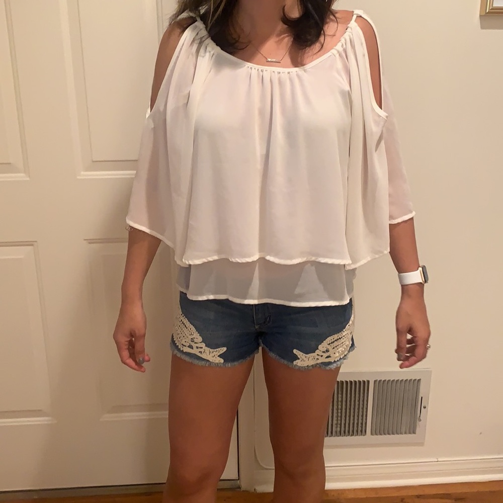 Foreign Exchange White Eyelet Shoulder Top Small